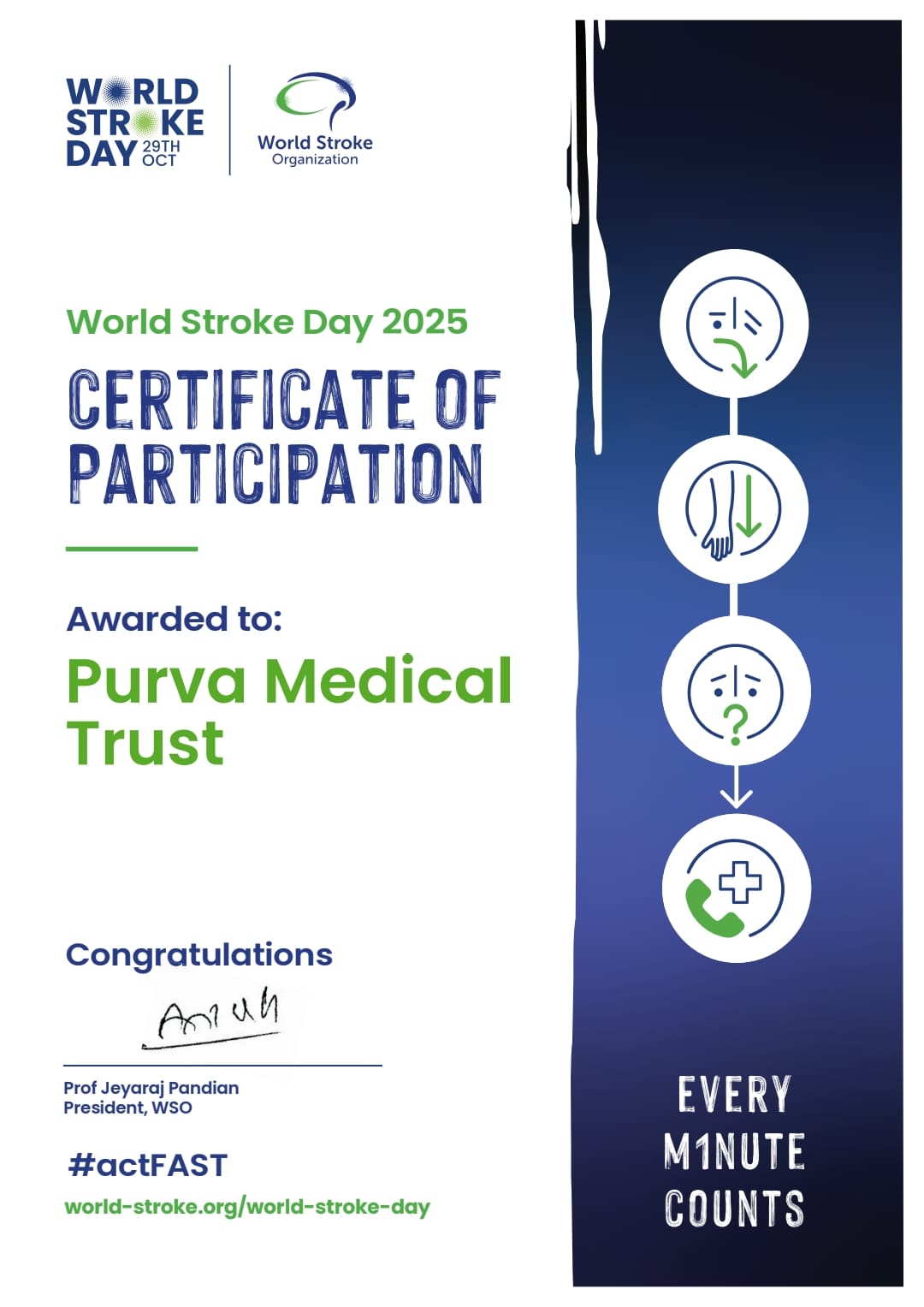 World Stroke Day participation certificate awarded to Brainline